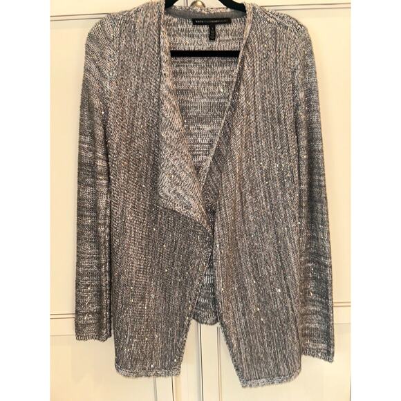 White House Black Market Shimmer Open Front Long Sweater Gray With Sequins Small - Picture 2 of 5